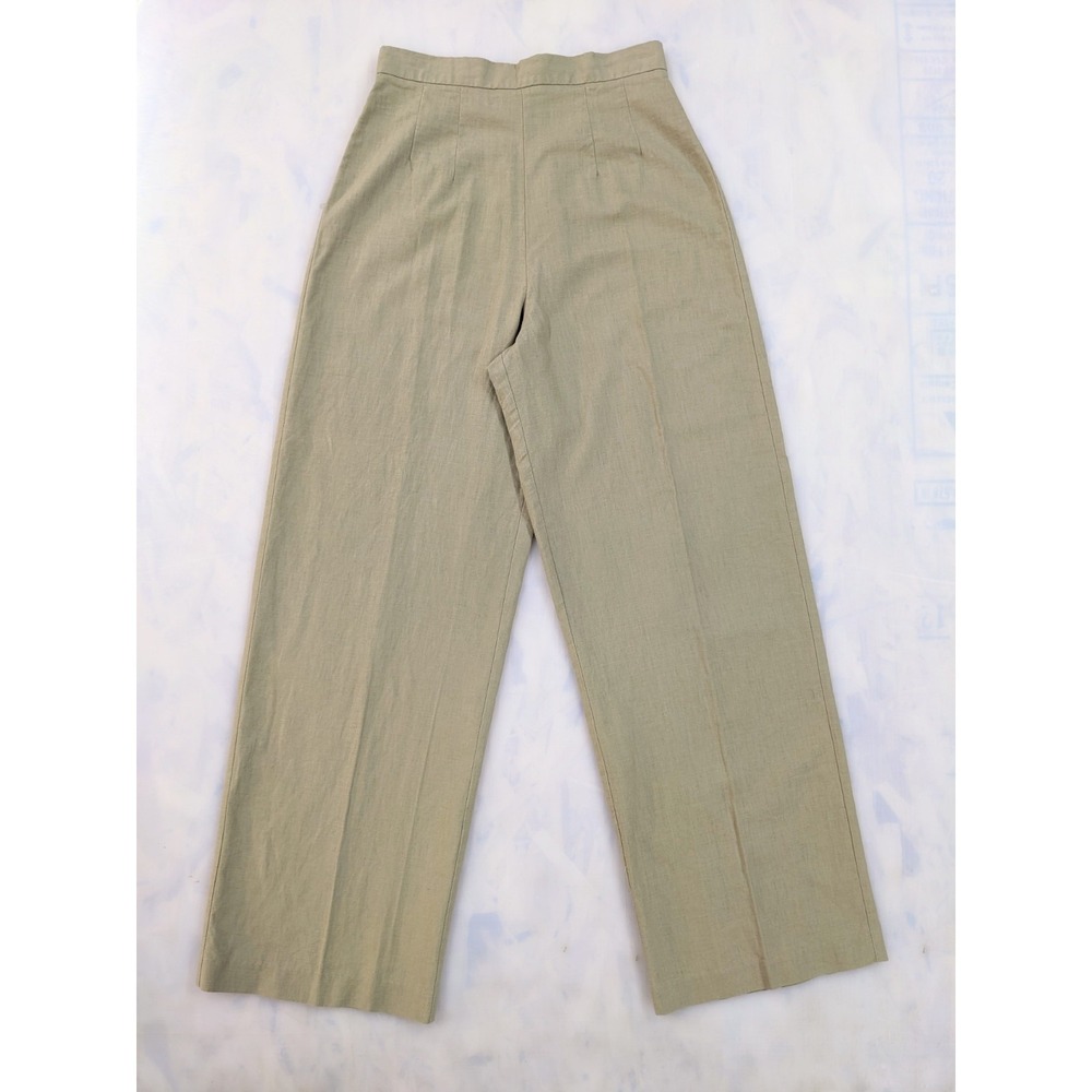 Vintage 90s Linen 2-Pc Pant Suit Set Sz 12 Khaki Wide Leg Shawl Collar Blazer - Picture 2 of 16